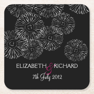 Modern Black White Boho Chic Daisy Wedding  Square Paper Coaster