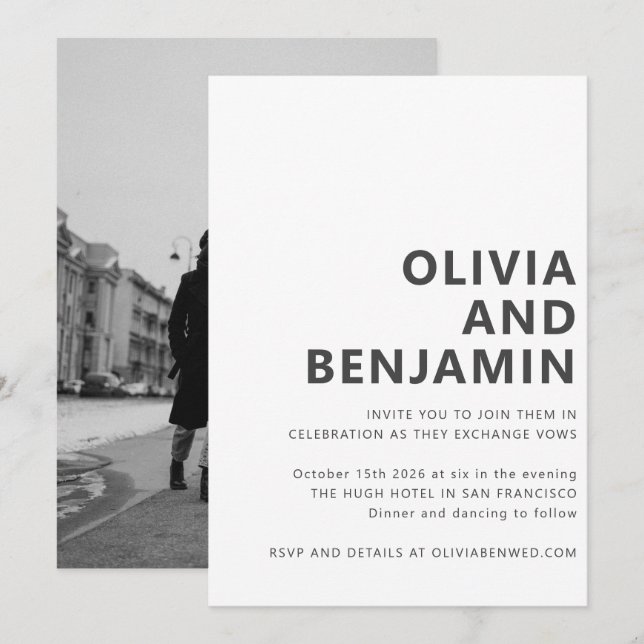 Modern Black White Bold Typography Photo Wedding Invitation (Front/Back)