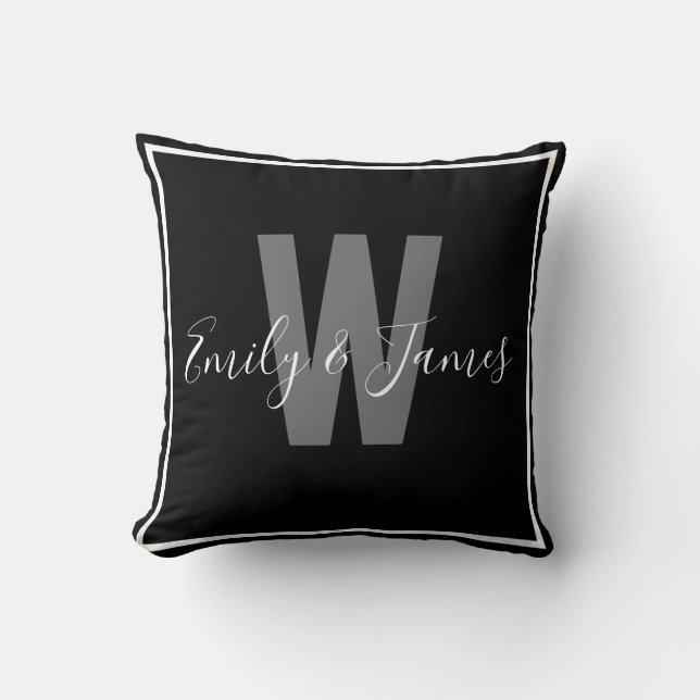 Modern Black White Border Couple Monogram Cushion (Front)