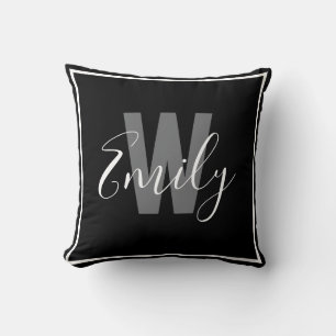 Modern Black White Border Monogram Cushion