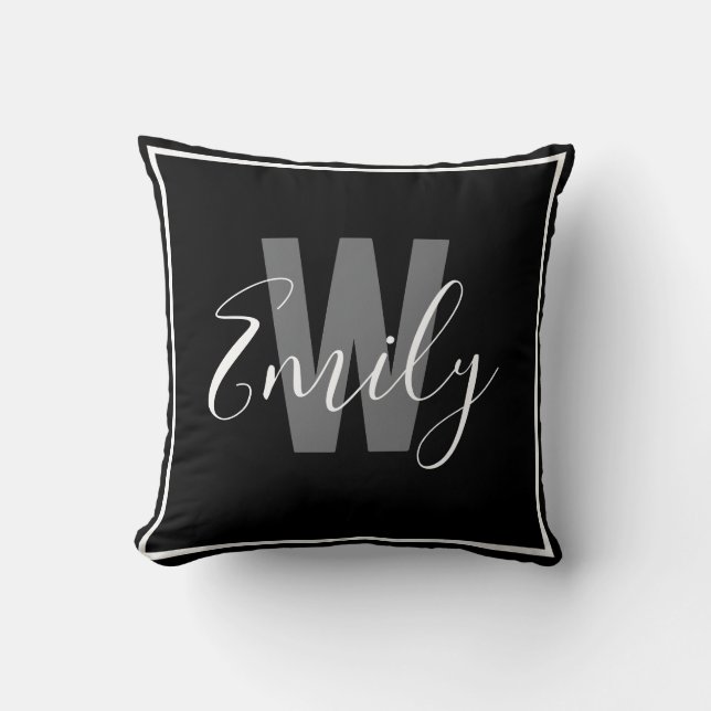 Modern Black White Border Monogram Cushion (Front)