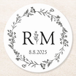 modern black & white botanical monogram wedding round paper coaster