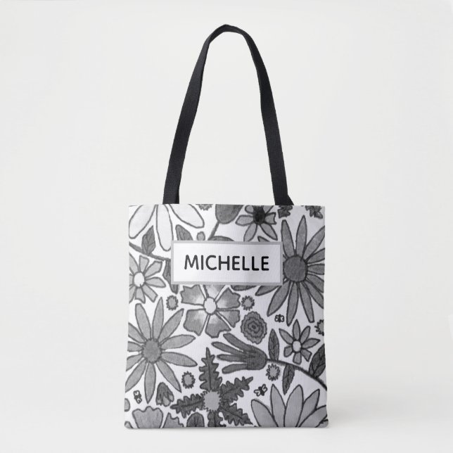 Modern Black & White Botanical Name Tote Bag (Front)