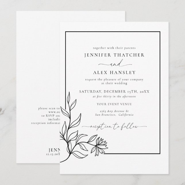 Modern Black White Botanical QR Code Wedding Invitation (Front/Back)