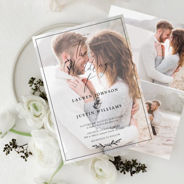 Modern Black White Botanical Script Vellum 3 Photo Invitation (Creator Uploaded)