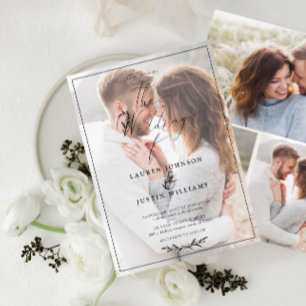 Modern Black White Botanical Script Vellum 4 Photo Invitation