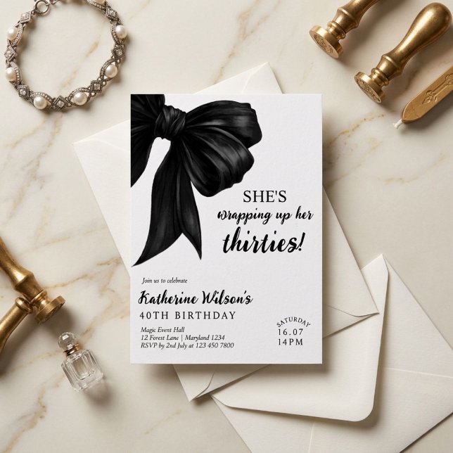 Modern Black & White Bow 40th Birthday  Invitation (Creator Uploaded)