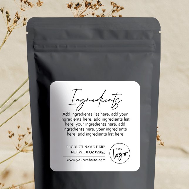 Modern Black White Brand Logo Product Ingredients Square Sticker (Simple ingredients sticker with your logo, can be used on boxes, pouches, boxes etc.)