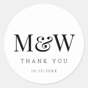 Modern Black White Bride Groom Monogram Thank You Classic Round Sticker