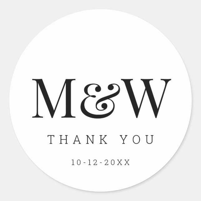 Modern Black White Bride Groom Monogram Thank You Classic Round Sticker (Front)