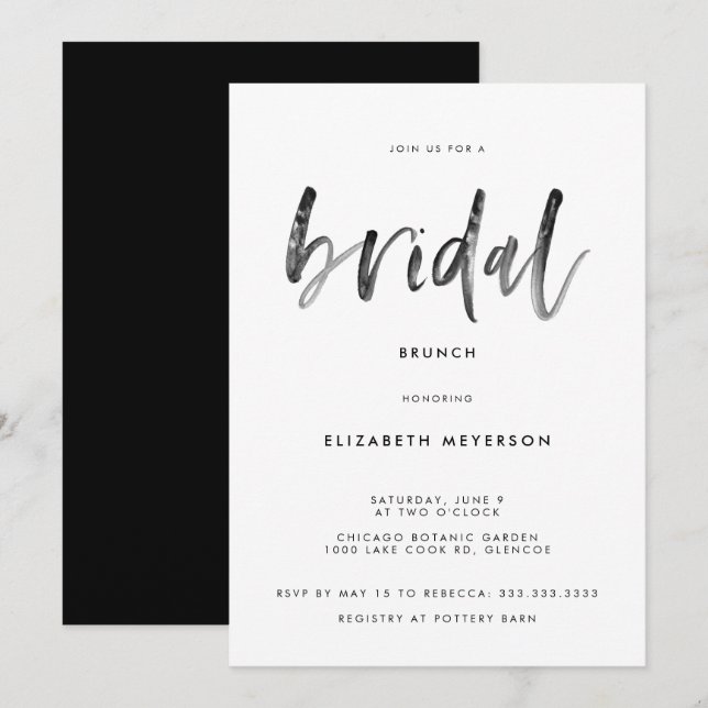 Modern Black White Brush Calligraphy Bridal Shower Invitation (Front/Back)