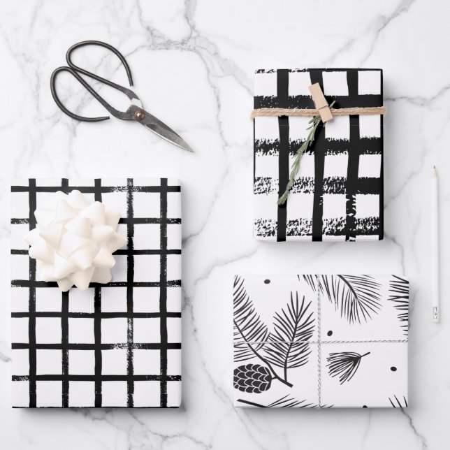 Modern Black & White Brush Christmas Wrapping Wrapping Paper Sheet (Front)