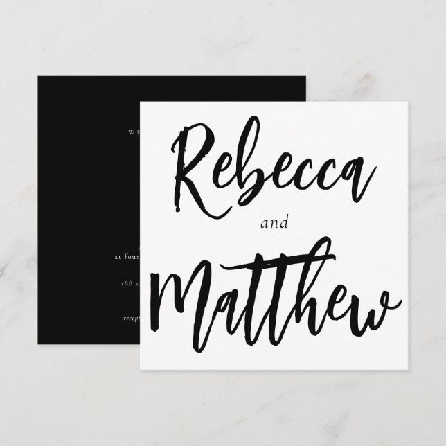 Modern Black White Brush Script Big Names Wedding Invitation (Front/Back)