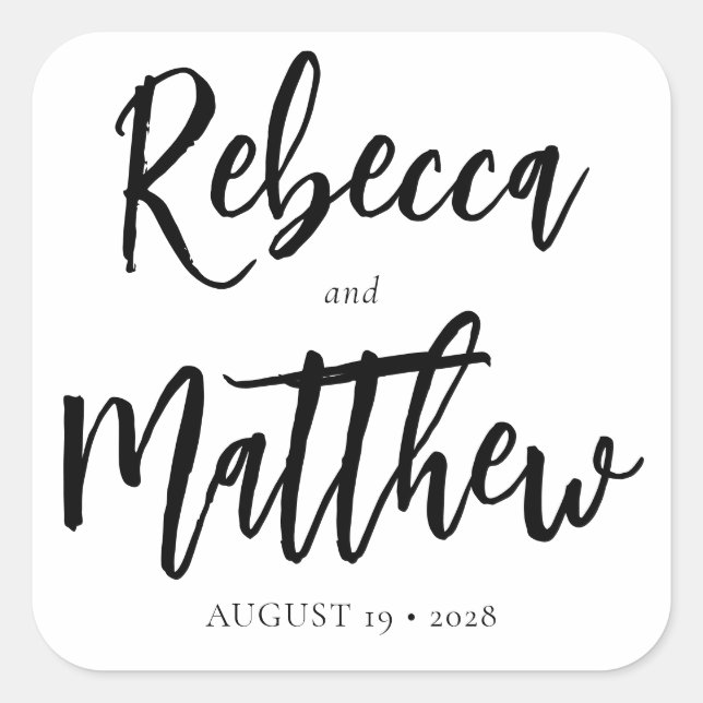 Modern Black White Brush Script Big Names Wedding Square Sticker (Front)