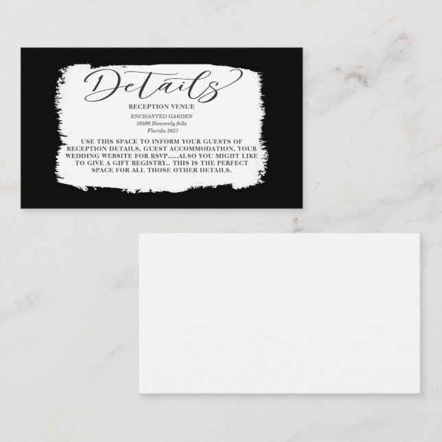 Modern Black & White Brush Stroke Wedding Details  Enclosure Card (Front/Back)