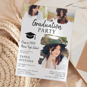 Modern black white Brushstroke 3 photos graduation Invitation