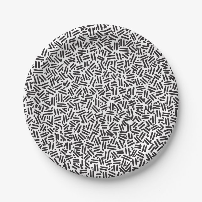 Modern black white brushstrokes confetti pattern paper plate (Front)