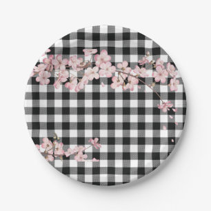 Modern Black White Buffalo Checks Cherry Blossom Paper Plate