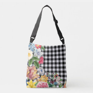 Modern Black White Buffalo Checks Vintage Floral Crossbody Bag