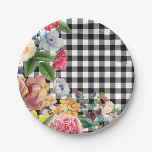 Modern Black White Buffalo Checks Vintage Floral Paper Plate