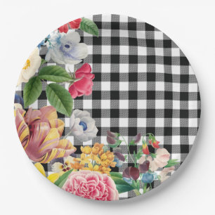 Modern Black White Buffalo Checks Vintage Floral Paper Plate