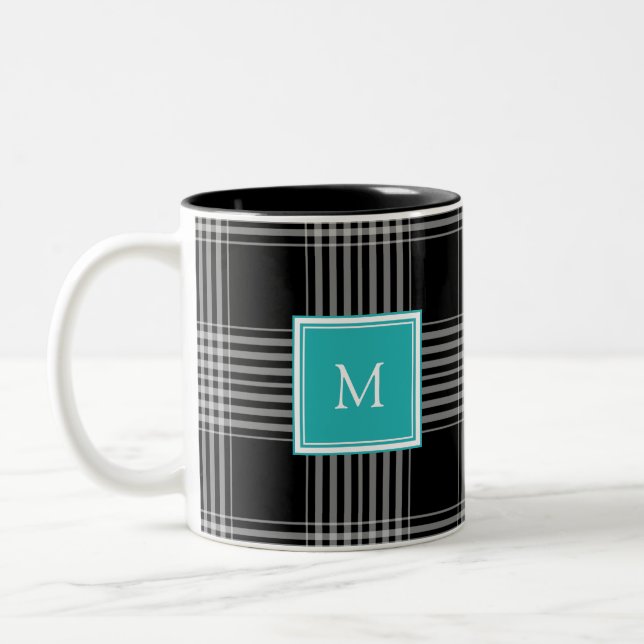 Modern black white buffalo plaid monogram Two-Tone coffee mug (Left)