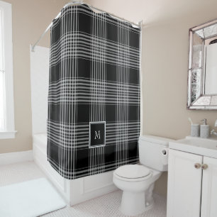 Modern black white buffalo plaid pattern monogram shower curtain