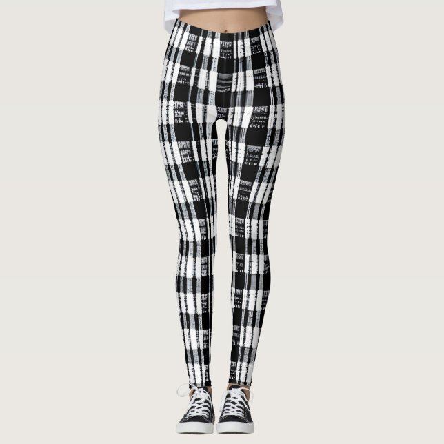 Modern black white buffalo plaid patterned leggings (Front)
