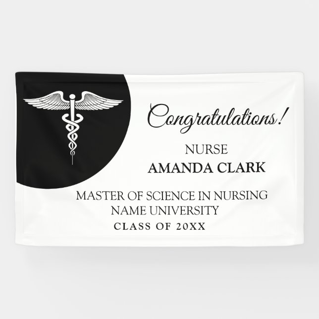 Modern Black & White Caduceus Nursing Graduation Banner (Horizontal)