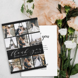 Modern Black & White Calligraphy 9 Photo Collage Thank You Card