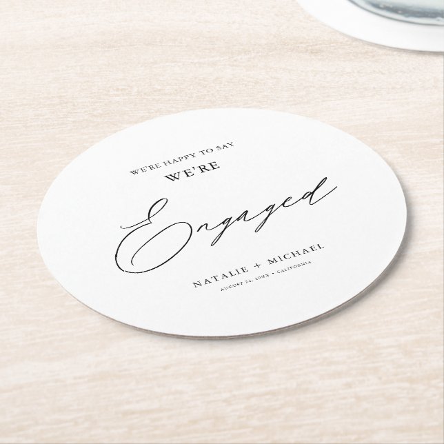 Modern Black & White Calligraphy Engagement Party Round Paper Coaster (Angled)