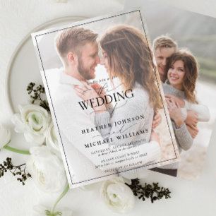 Modern Black White Calligraphy Faux Vellum 2 Photo Invitation