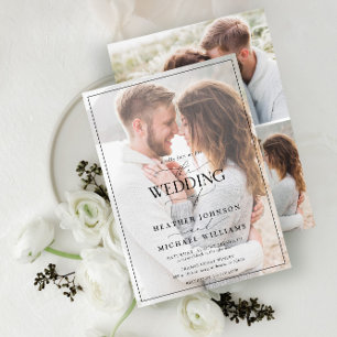 Modern Black White Calligraphy Faux Vellum 4 Photo Invitation