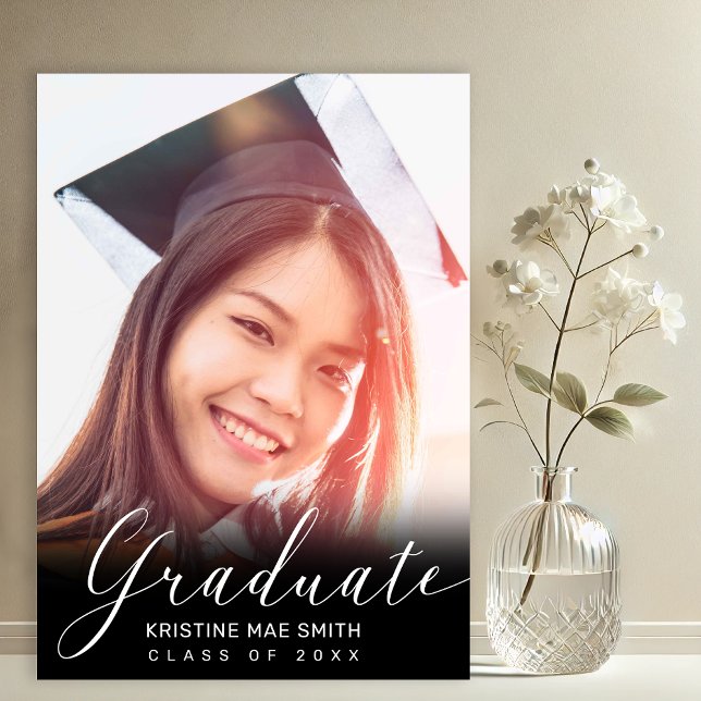 Modern Black White Calligraphy Photo Graduation  Invitation (Black with White Calligraphy Script Photo Graduation Announcement and Party Invitation)