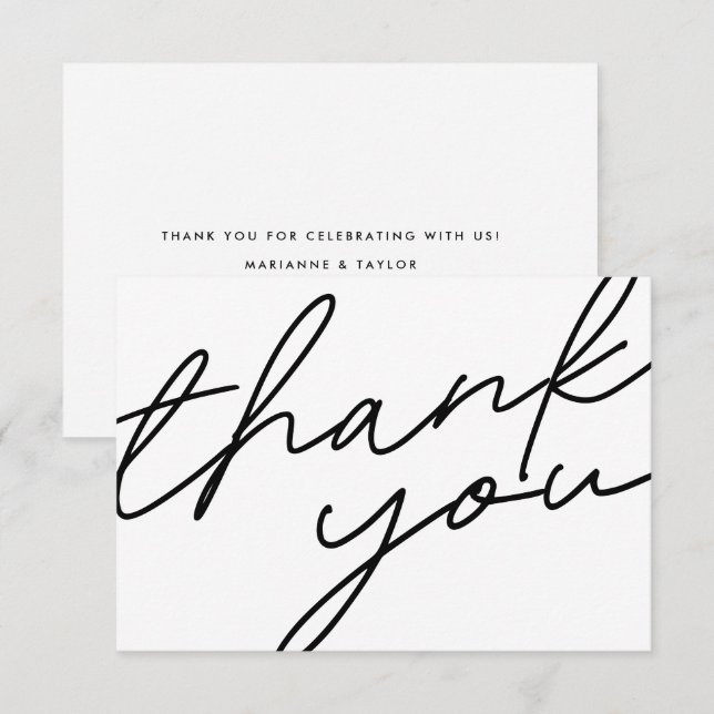 Modern Black White Calligraphy Script Wedding Thank You Card (Front/Back)