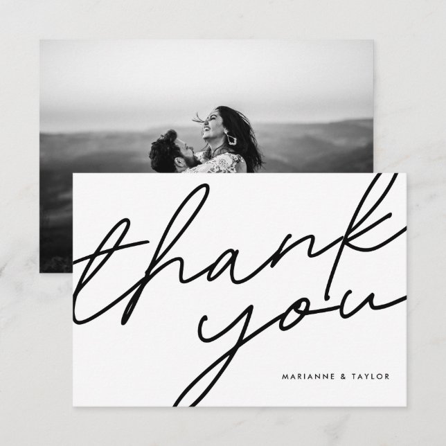Modern Black White Calligraphy Wedding Photo Thank You Card (Front/Back)