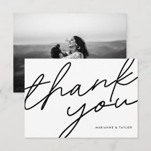 Modern Black White Calligraphy Wedding Photo Thank You Card