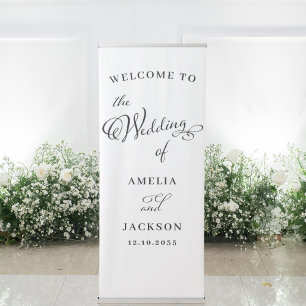Modern Black & White Calligraphy Wedding Welcome Retractable Banner