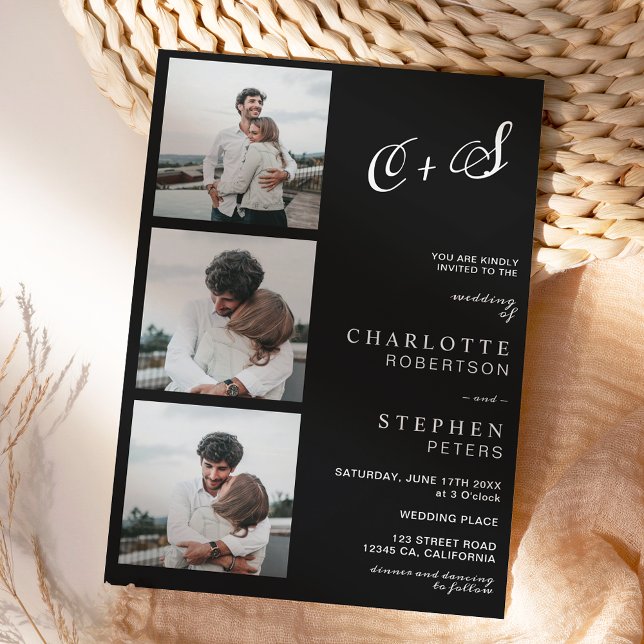 Modern black white casual initials photo wedding invitation (Creator Uploaded)