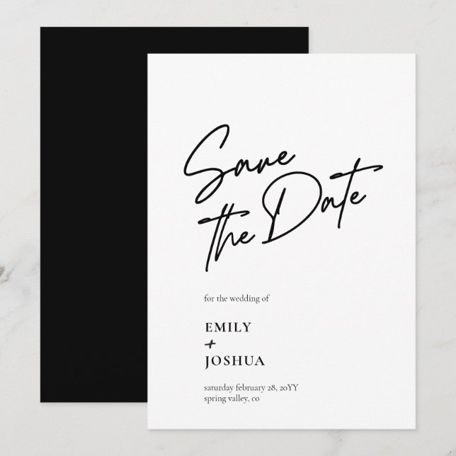 Modern Black White Casual Script Wedding Save The Date (Front/Back)