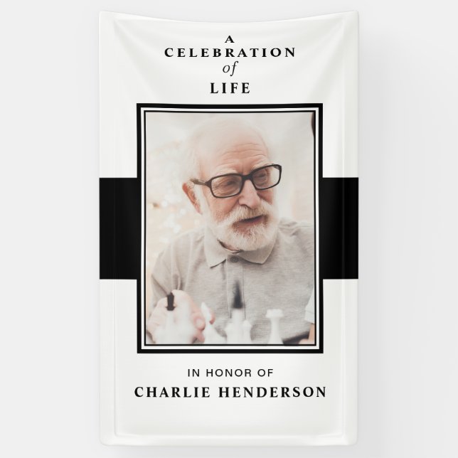 Modern Black & White Celebration of Life Photo Banner (Vertical)