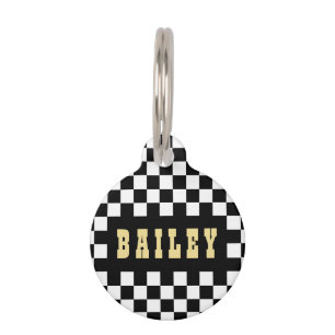 Modern Black White Checkered Gold Dog Cat Name Pet Tag