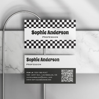 Modern Black White Chequerboard Minimalist QR Code Business Card