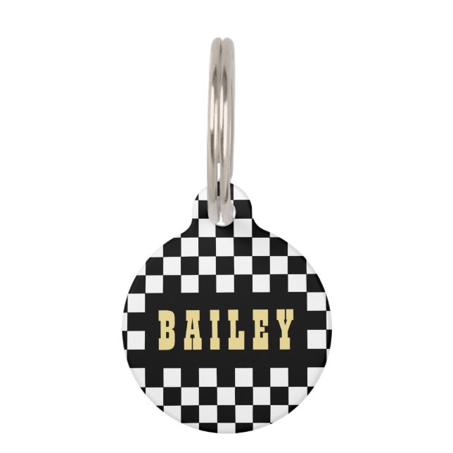 Modern Black White Chequered Gold Dog Cat Name Pet Tag (Front)