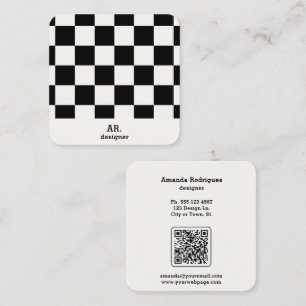 Modern Black White Chequered Qr Code Square Business Card