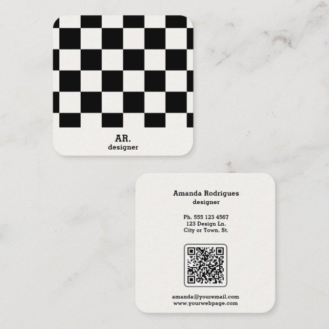 Modern Black White Chequered Qr Code Square Business Card (Front/Back)