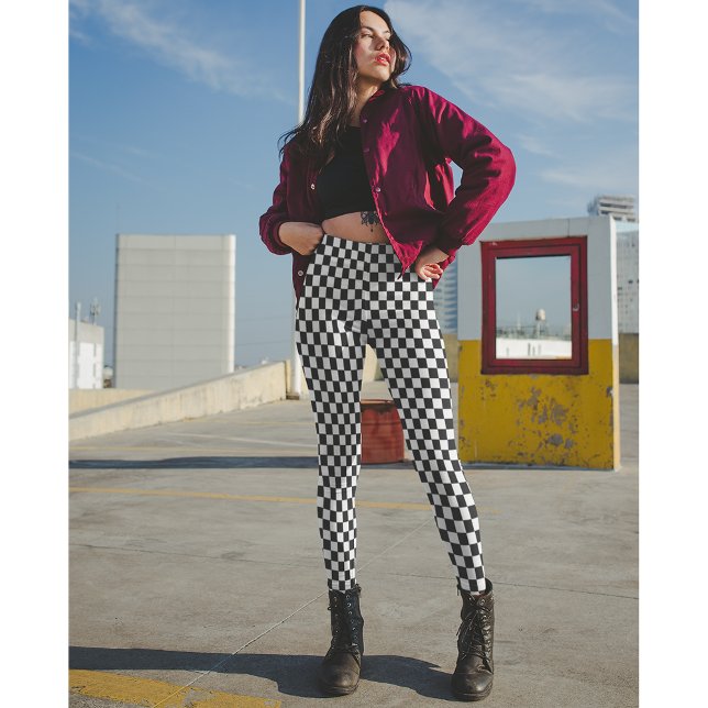 Modern Black White Chequered Racing Flag Pattern Leggings (Modern Black White Checkered Racing Flag Pattern Leggings)