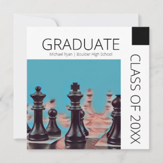 Modern Black White Chess Pieces Graduation Invitation