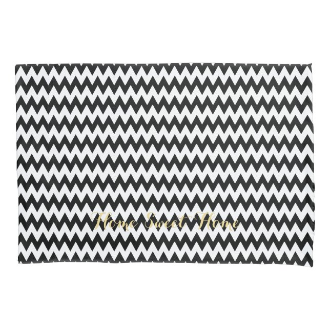 Modern Black White Chevron Pattern Gold Monogram Pillowcase (Front)