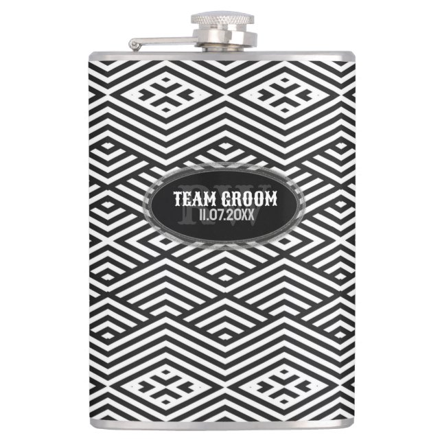 Modern Black White Chevron Pattern Groomsmen Gift Hip Flask (Front)